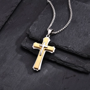 Mens layered gold and silver stainless steel cross pendant on a classic ball chain
