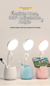 Three colorful LED desk lamps with flexible neck, pen holder, and phone stand storage