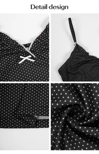 Detail design of V-neck polka dot top with white binding and a cute small bow
