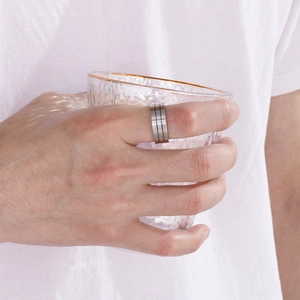 Titanium Steel Men Ring Double Beveled Edge Matte Finish Horizontal Grooves Simple Trendy Industrial Jewelry Accessory
