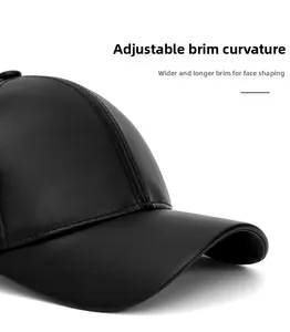 Detail of premium black PU leather baseball cap with foldable wide brim for windproof warmth
