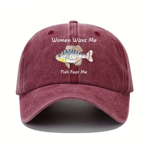 Detail view of burgundy washed cotton baseball cap with Fish Fear Me slogan print