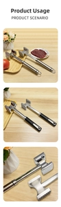 Dual-sided stainless steel meat mallet with spiked surface and non-slip handle on wood