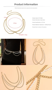Detailed view of layered gold chain belt with faux pearls and size specifications