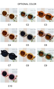 Detailed grid showing ten colorful matte round frame sunglasses for kids in various shades