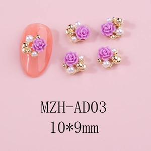 Detail of 3D light purple resin rose nail art charm with pearls and gold beads