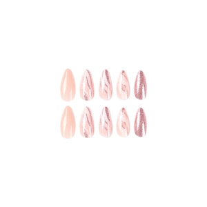 Pink almond press-on nails with marble texture and fine glitter accents on white background