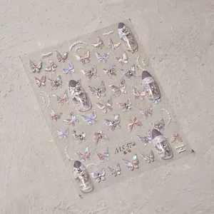 Detailed view of iridescent laser butterfly nail stickers with micro rhinestones MS 574