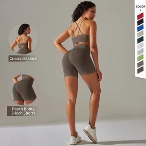 Damen Nahtloses Yoga Top Und Bottom Gerippter Überkreuzter Rücken Sport-BH Hohe Taille Po-Lifting Gym Fitness Activewear Set