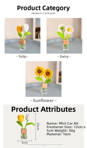 Detailed view of handmade knitted sunflower and tulip flower car aromatherapy ornaments