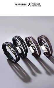 Detail of multi-layer woven leather bracelets with vintage magnetic metal clasps