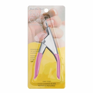 Pink U-shape acrylic nail edge cutter with stainless steel blade in retail packaging