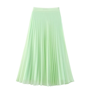 High Waist Pleated Midi Skirt Women Polyester Solid Mint Green Casual Elegant Streetwear Sexy
