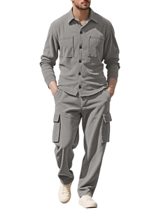 Men's grey corduroy set featuring double-pocket shirt and multi-pocket cargo pants