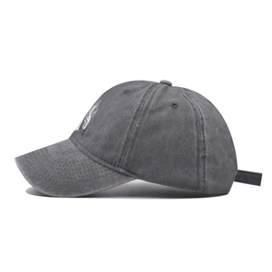 Vintage washed cotton baseball cap in charcoal grey with side embroidery and adjustable strap