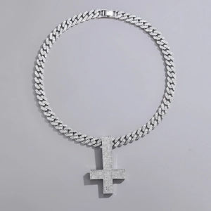 Hip hop silver plated Cuban chain necklace with iced-out inverted cross pendant for men