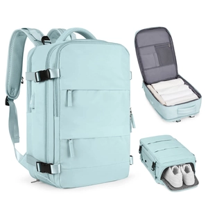 Mochila de viaje azul claro de gran capacidad con compartimento zapatos y multibolsillos