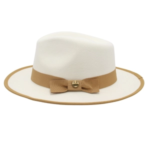 Classic white felt fedora hat with khaki ribbon bow and gold metal buckle for unisex