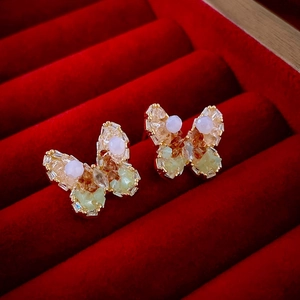 Butterfly Flower Crystal Zircon Stud Earrings With Silver Earring Post Gold Plated Sweet Elegant Niche Jewelry Women