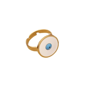 Golden stainless steel adjustable ring with blue evil eye enamel design for women