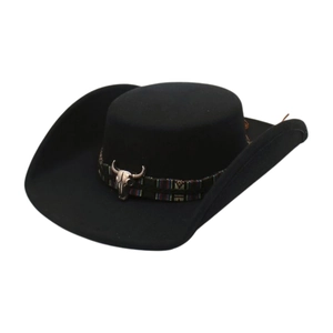 Detail of black wool fedora featuring ethnic woven band and silver bull skull ornament