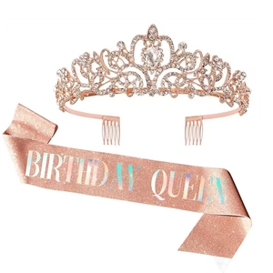 Elegant rose gold birthday crown with rhinestones and Birthday Queen glitter sash set