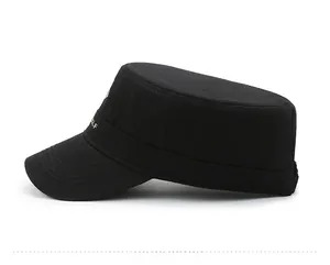 Side view of black cotton cadet cap with detailed embroidery and short brim for men