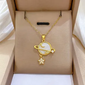 Planet Star Moon Shell Pendant Necklace Stainless Steel Chain Gold Plated Copper Zircon Jewelry For Women