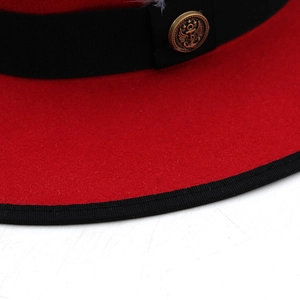 Classic red wide brim fedora hat with black grosgrain ribbon and vintage anchor emblem