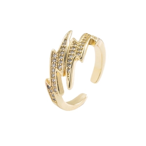 18K gold plated lightning bolt ring with micro-pave zircons and adjustable open band
