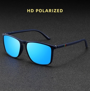 Close-up of polarized square sunglasses featuring textured temples with green-red stripes