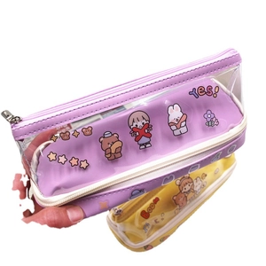 Trousse à crayons transparente double couche avec motifs mignons en violet et jaune