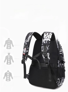 Ergonomic S-shaped shoulder straps and breathable mesh back of the black graffiti backpack