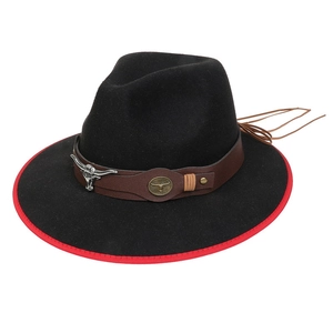 Detail of black cowboy hat with red trim and brown leather band with silver bull head