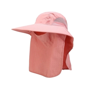 Close-up of pink sun hat with wide brim, breathable face cover and neck protector