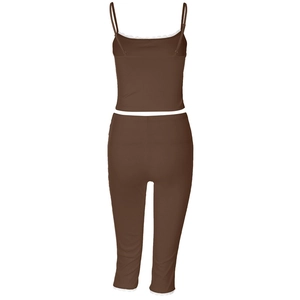 Detailed back view of brown ribbed knit two-piece set featuring delicate white lace trim