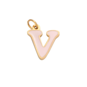 Detailed close-up of a pink enamel letter V pendant with a gold plated metal frame
