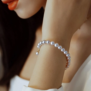 French vintage stainless steel pearl bracelet with lustrous white pearls for women