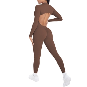 Slim fit dark brown long sleeve sports bodysuit with open back and scrunch butt detail