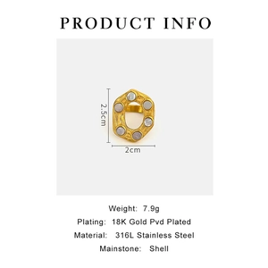 Detail view of 18K gold plated stainless steel ring with hexagonal shell inlay and specs