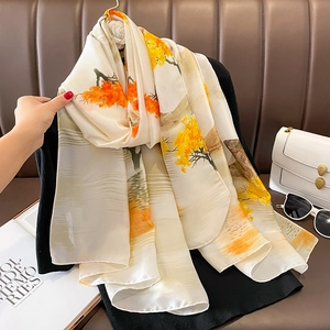 Large floral print sun protection silk shawl in elegant tree pattern and creamy white