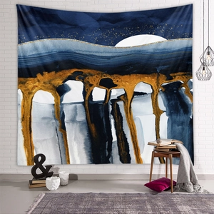 Detail of mountain tapestry with abstract blue and gold landscape in modern home setting