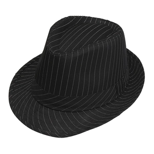 Classic black trilby hat with white pinstripes featuring a fedora style crown and narrow brim