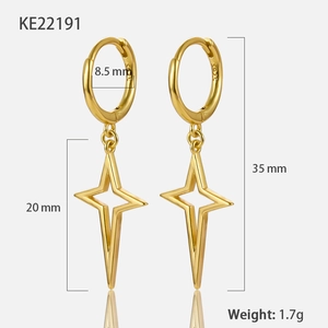 Detail of gold star drop earrings showing S925 hallmark and precise dimensions