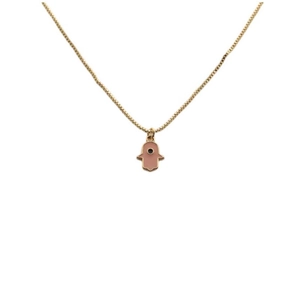 Gold Hamsa hand pendant necklace with pink orange enamel and black evil eye on box chain