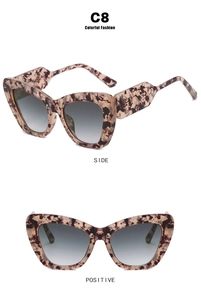 Detailed views of cat-eye eyewear in leopard tortoiseshell print with gradient lenses