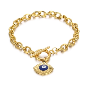 Gold plated stainless steel Evil Eye chain bracelet with geometric OT toggle clasp