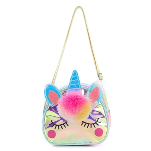 Holographic unicorn crossbody bag for kids featuring colorful fur balls and PU leather