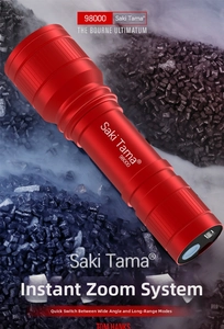 Macro shot of red rechargeable LED flashlight with zoom system and aluminum body