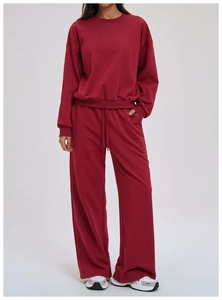 Detail of burgundy lounge set featuring crewneck sweatshirt and wide-leg jogger pants